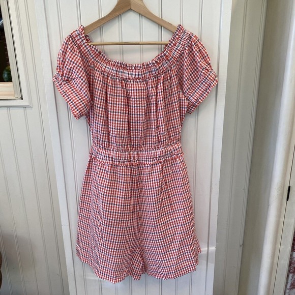 Anthropologie Sz L NWT Red Gingham Off-the-Shoulder Romper Smocking Retail $110 - Picture 3 of 10